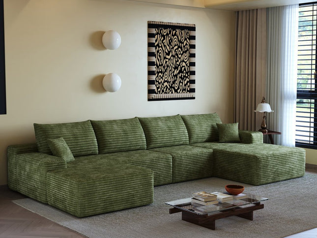 135" Green Corduroy Modular Compression Foam Sofa With Ottoman And Toss Pillows