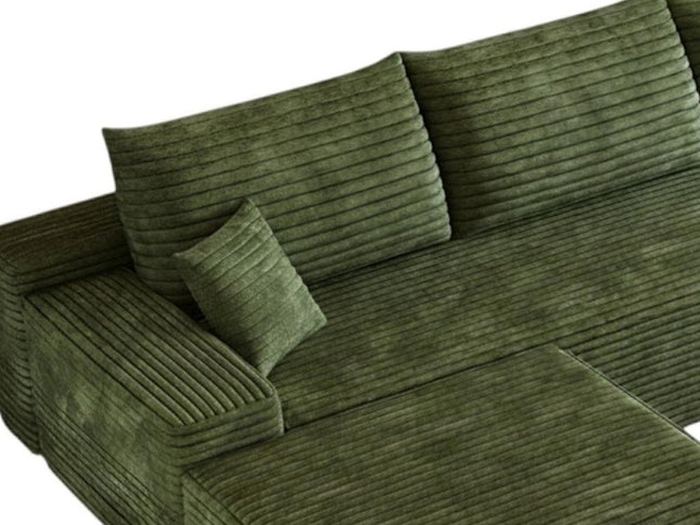 135" Green Corduroy Modular Compression Foam Sofa With Ottoman And Toss Pillows