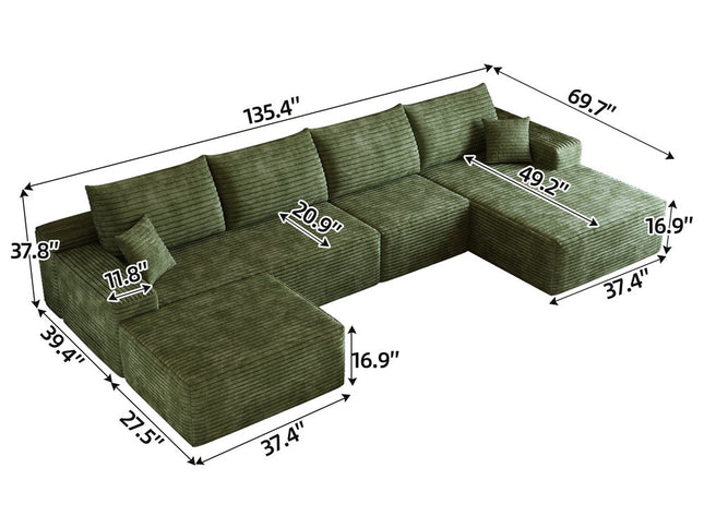 135" Green Corduroy Modular Compression Foam Sofa With Ottoman And Toss Pillows