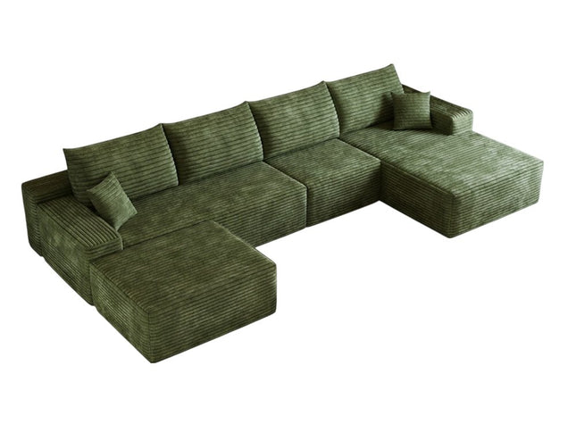 135" Green Corduroy Modular Compression Foam Sofa With Ottoman And Toss Pillows
