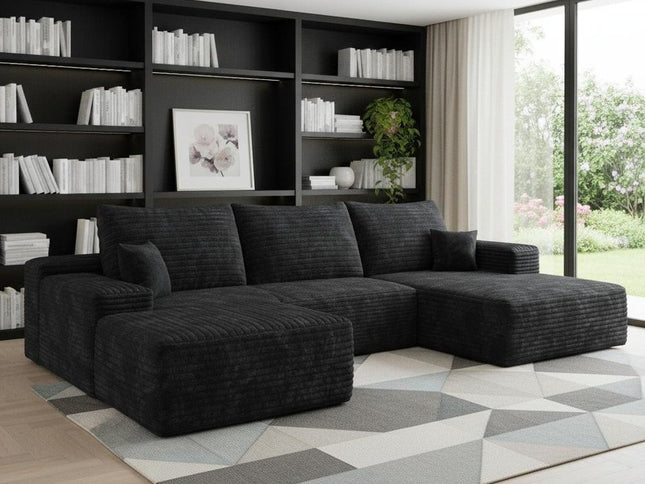 107" Black Corduroy Modular Compression Foam Sofa With Ottoman And Toss Pillows