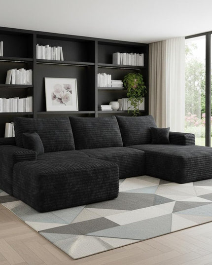 107" Black Corduroy Modular Compression Foam Sofa With Ottoman And Toss Pillows