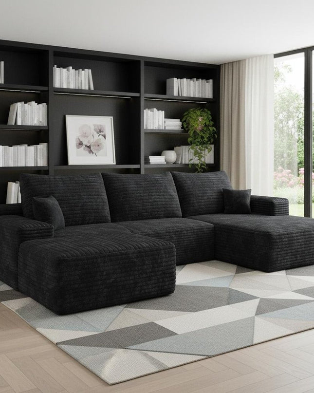 107" Black Corduroy Modular Compression Foam Sofa With Ottoman And Toss Pillows