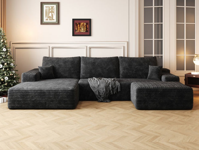 107" Black Corduroy Modular Compression Foam Sofa With Ottoman And Toss Pillows