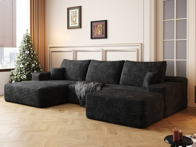 107" Black Corduroy Modular Compression Foam Sofa With Ottoman And Toss Pillows