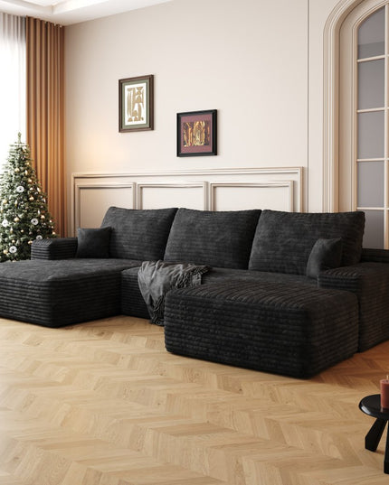 107" Black Corduroy Modular Compression Foam Sofa With Ottoman And Toss Pillows