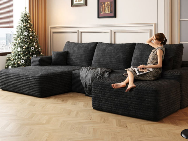 107" Black Corduroy Modular Compression Foam Sofa With Ottoman And Toss Pillows