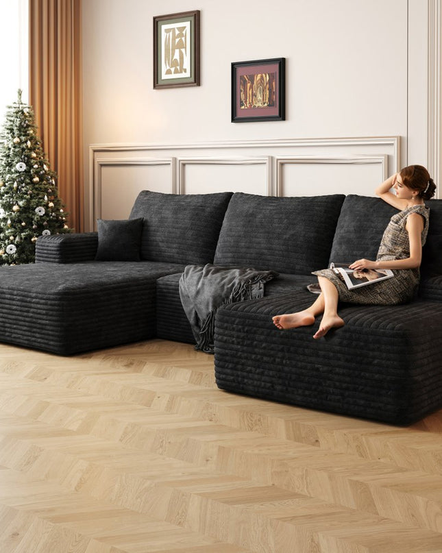 107" Black Corduroy Modular Compression Foam Sofa With Ottoman And Toss Pillows