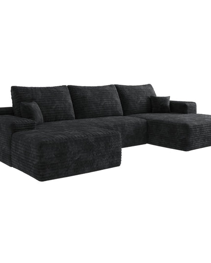 107" Black Corduroy Modular Compression Foam Sofa With Ottoman And Toss Pillows