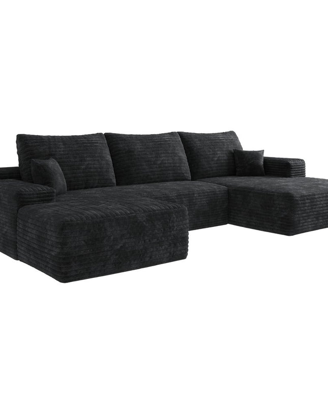 107" Black Corduroy Modular Compression Foam Sofa With Ottoman And Toss Pillows