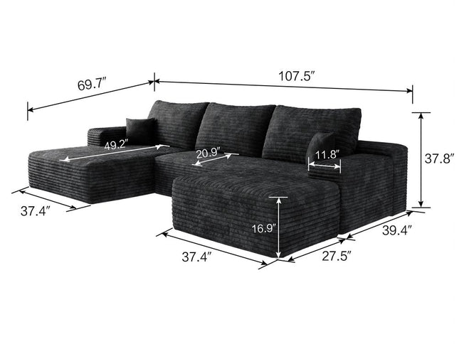107" Black Corduroy Modular Compression Foam Sofa With Ottoman And Toss Pillows