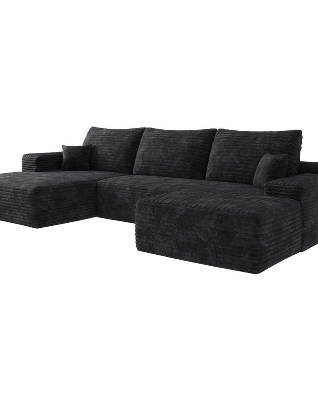 107" Black Corduroy Modular Compression Foam Sofa With Ottoman And Toss Pillows