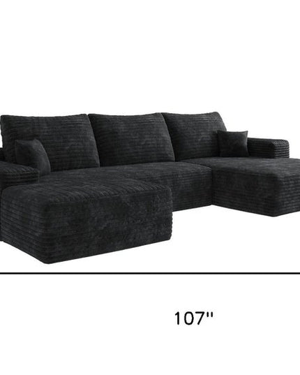 107" Black Corduroy Modular Compression Foam Sofa With Ottoman And Toss Pillows