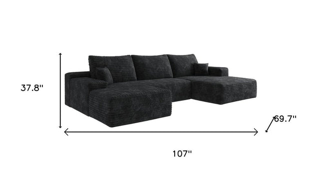 107" Black Corduroy Modular Compression Foam Sofa With Ottoman And Toss Pillows