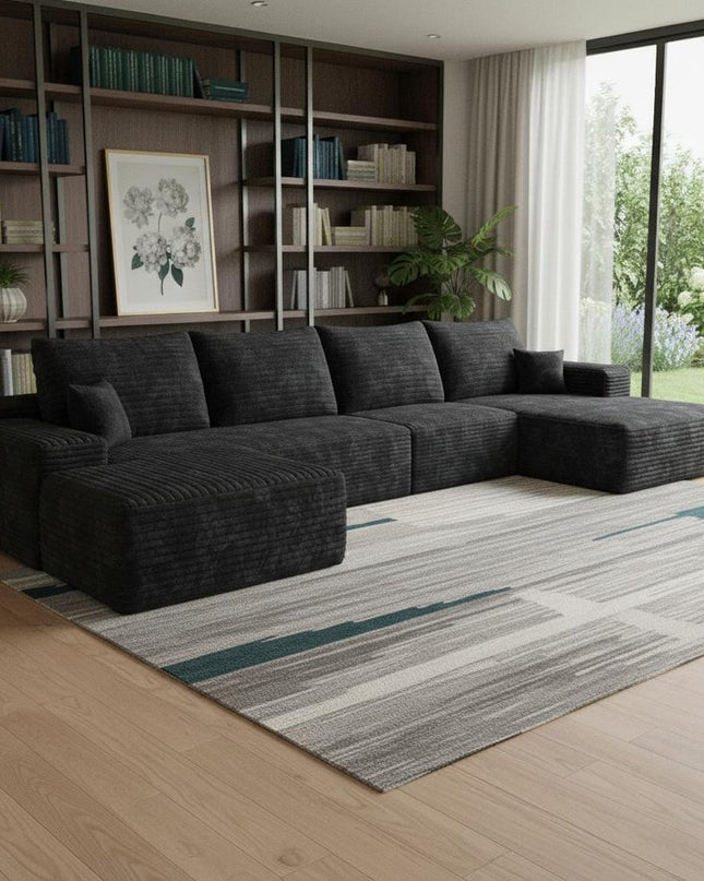 107" Black Corduroy Modular Compression Foam Sofa With Ottoman And Toss Pillows