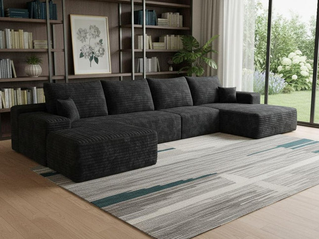 107" Black Corduroy Modular Compression Foam Sofa With Ottoman And Toss Pillows