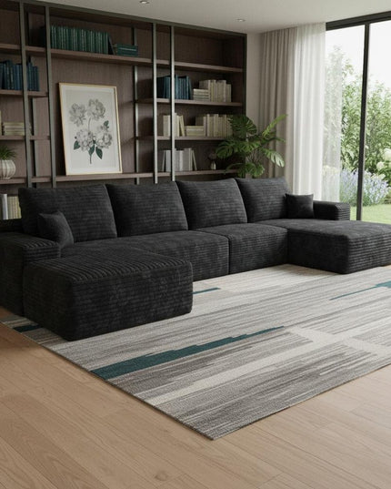 107" Black Corduroy Modular Compression Foam Sofa With Ottoman And Toss Pillows