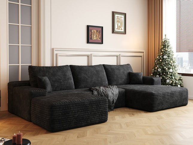 107" Black Corduroy Modular Compression Foam Sofa With Ottoman And Toss Pillows