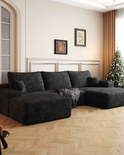 107" Black Corduroy Modular Compression Foam Sofa With Ottoman And Toss Pillows