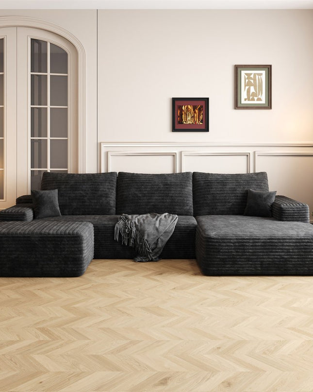 107" Black Corduroy Modular Compression Foam Sofa With Ottoman And Toss Pillows