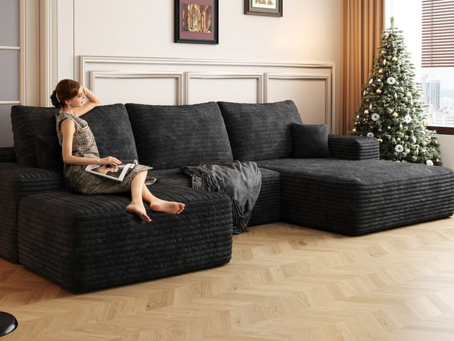 107" Black Corduroy Modular Compression Foam Sofa With Ottoman And Toss Pillows
