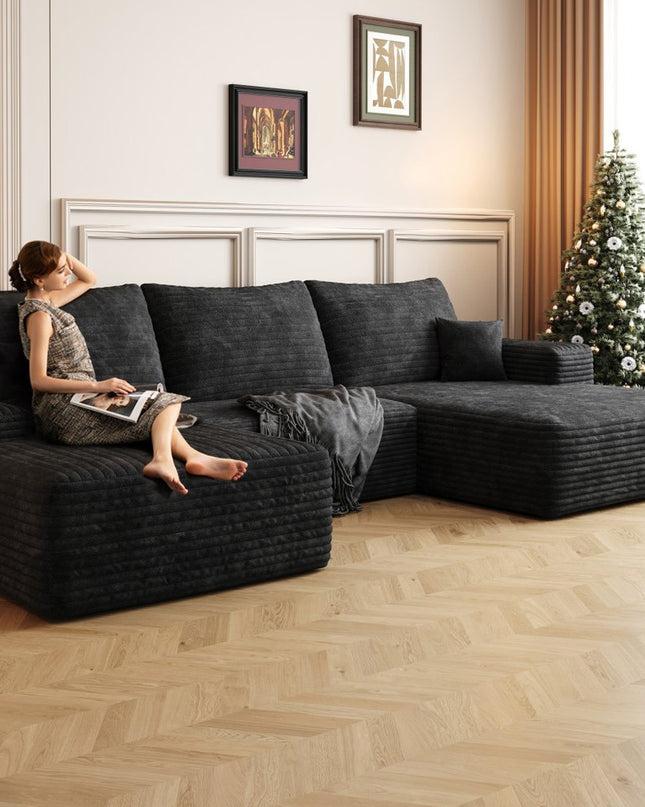 107" Black Corduroy Modular Compression Foam Sofa With Ottoman And Toss Pillows