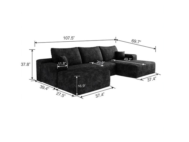 107" Black Corduroy Modular Compression Foam Sofa With Ottoman And Toss Pillows