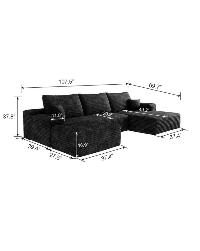 107" Black Corduroy Modular Compression Foam Sofa With Ottoman And Toss Pillows