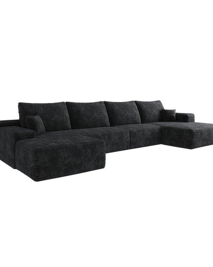 107" Black Corduroy Modular Compression Foam Sofa With Ottoman And Toss Pillows