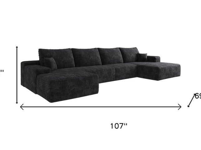 107" Black Corduroy Modular Compression Foam Sofa With Ottoman And Toss Pillows