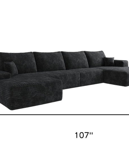 107" Black Corduroy Modular Compression Foam Sofa With Ottoman And Toss Pillows