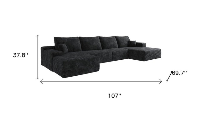 107" Black Corduroy Modular Compression Foam Sofa With Ottoman And Toss Pillows