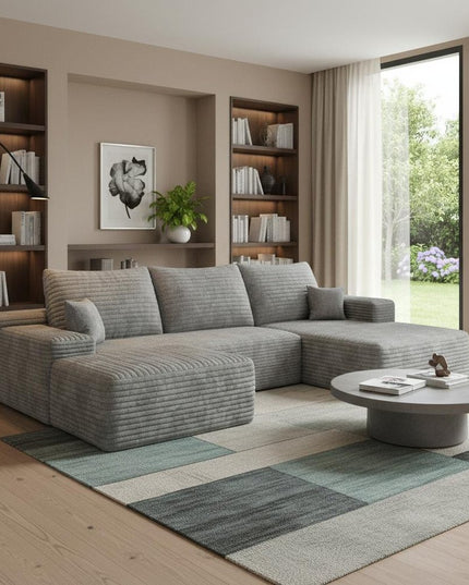 107" Gray Corduroy Modular Compression Foam Sofa With Ottoman And Toss Pillows