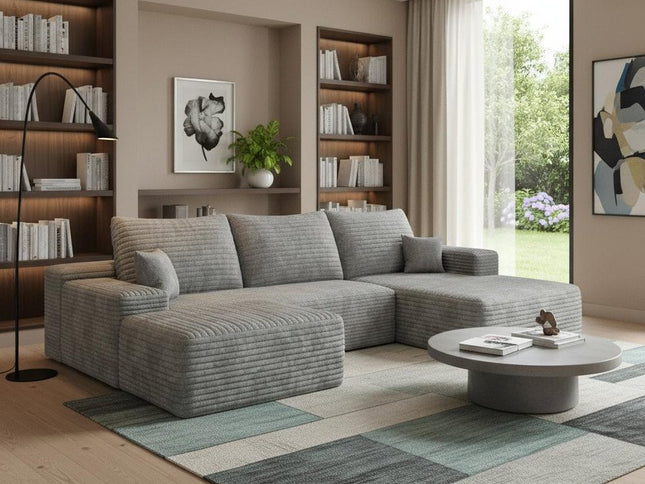 107" Gray Corduroy Modular Compression Foam Sofa With Ottoman And Toss Pillows