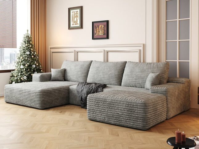 107" Gray Corduroy Modular Compression Foam Sofa With Ottoman And Toss Pillows