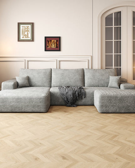 107" Gray Corduroy Modular Compression Foam Sofa With Ottoman And Toss Pillows