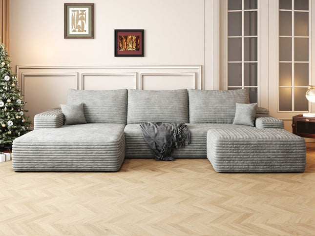 107" Gray Corduroy Modular Compression Foam Sofa With Ottoman And Toss Pillows