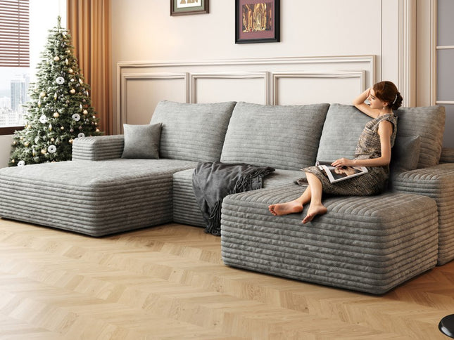 107" Gray Corduroy Modular Compression Foam Sofa With Ottoman And Toss Pillows