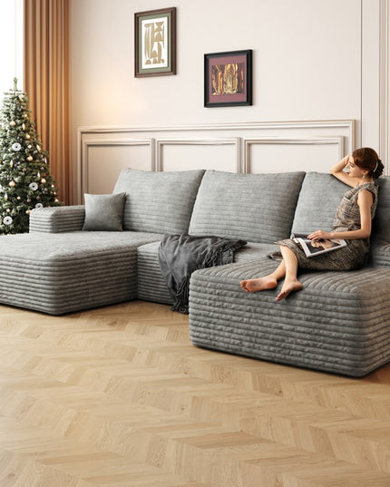 107" Gray Corduroy Modular Compression Foam Sofa With Ottoman And Toss Pillows
