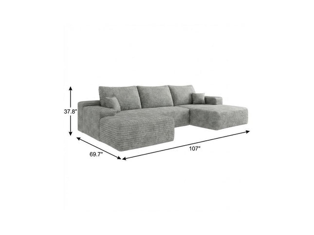 107" Gray Corduroy Modular Compression Foam Sofa With Ottoman And Toss Pillows