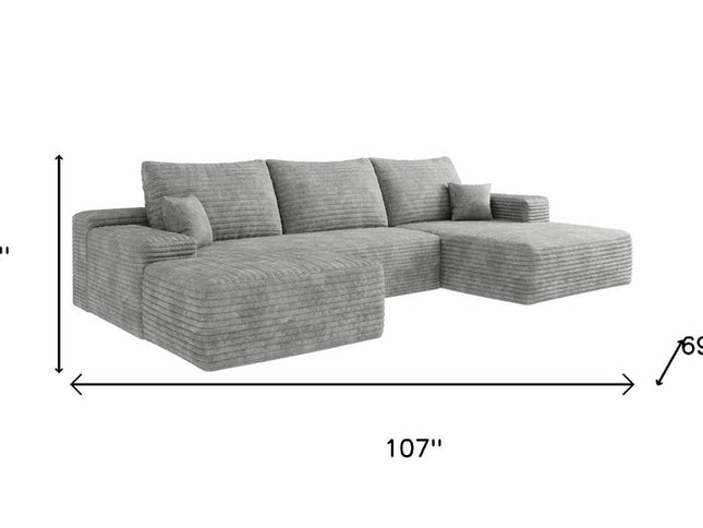 107" Gray Corduroy Modular Compression Foam Sofa With Ottoman And Toss Pillows