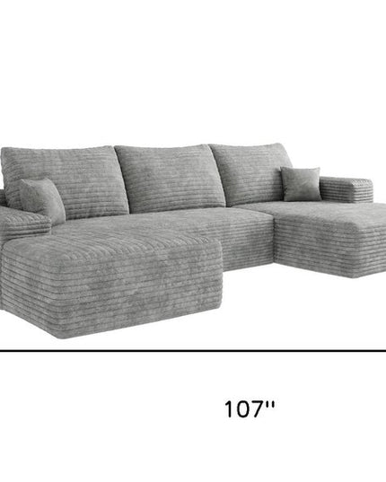 107" Gray Corduroy Modular Compression Foam Sofa With Ottoman And Toss Pillows