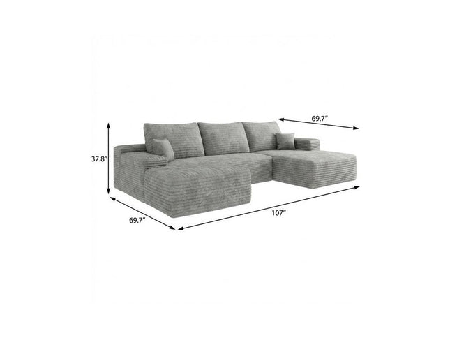 107" Gray Corduroy Modular Compression Foam Sofa With Ottoman And Toss Pillows