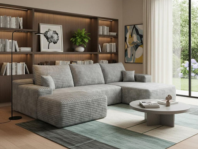 107" Gray Corduroy Modular Compression Foam Sofa With Ottoman And Toss Pillows