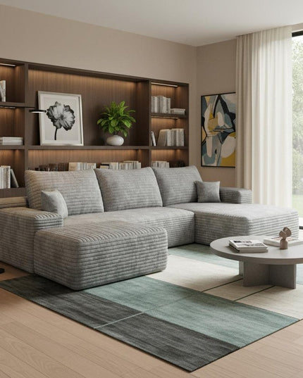 107" Gray Corduroy Modular Compression Foam Sofa With Ottoman And Toss Pillows