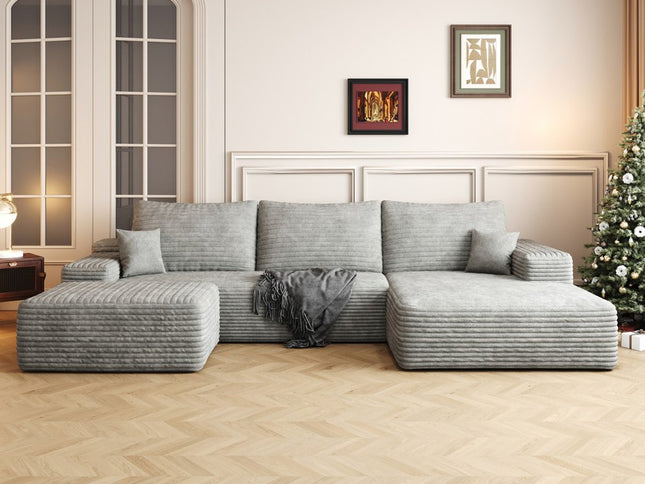 107" Gray Corduroy Modular Compression Foam Sofa With Ottoman And Toss Pillows