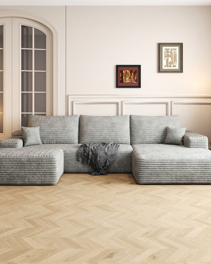 107" Gray Corduroy Modular Compression Foam Sofa With Ottoman And Toss Pillows