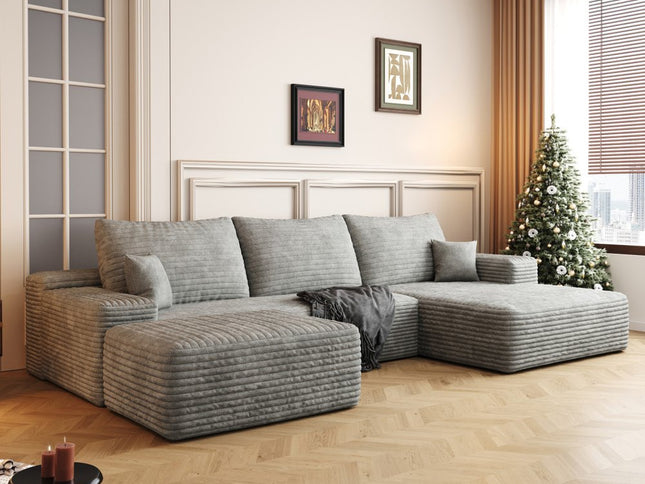 107" Gray Corduroy Modular Compression Foam Sofa With Ottoman And Toss Pillows