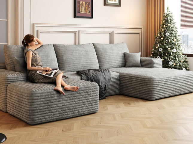 107" Gray Corduroy Modular Compression Foam Sofa With Ottoman And Toss Pillows