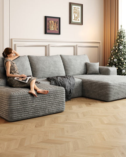 107" Gray Corduroy Modular Compression Foam Sofa With Ottoman And Toss Pillows